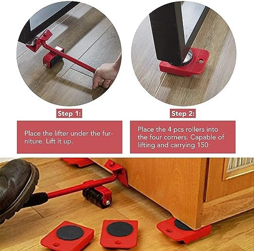 Furniture Mover Set – 4 Wheels + Lifter Bar